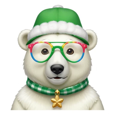 head and shoulders of a friendly anthropomorphised polar bear wearing oversized colorful star glasses, green hat, shamrock accessories, festive shirt sticker