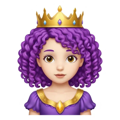 Princesses kid girl, with Gold Crown on purple curly hair, with white dress sticker