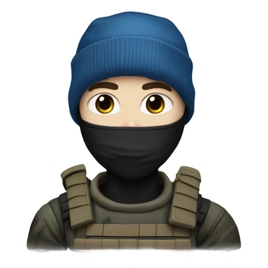male, pale skin, face mask, camo tactical gear, combat boots, black beanie, blue eyes sticker