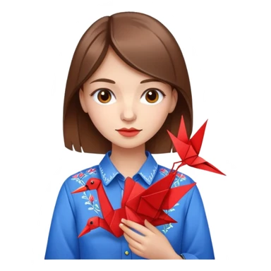 Ukrainian young girl with brown hair wearing an embroidered shirt holds an origami red crane sticker