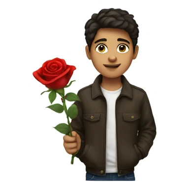 Brunette boy with a red rose sticker