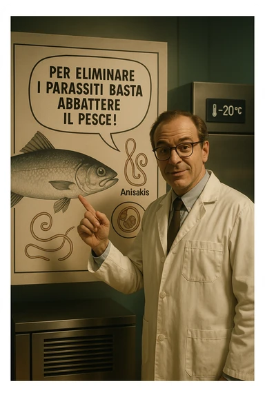 cinematic a scientist in a white lab coat stands beside a large poster showing a fish and a diagram of the Anisakis parasite. The scientist points to a speech bubble that says, “Per eliminare i parassiti basta abbattere il pesce!” In the background, a blast freezer is visible, with a temperature gauge set to -20°C. The mood is informative and reassuring. In italiano sticker