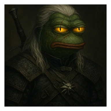 Пэпэ as a Witcher, with glowing yellow eyes and a scarred face sticker