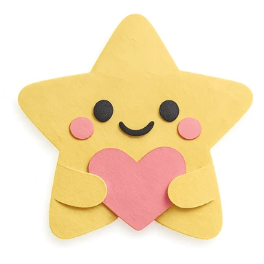 Smiling pastel yellow star clutching a small pastel heart, no arms or legs, full body, transparent background, kawaii paper craft style. sticker