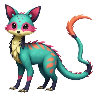 Rare realistic exotic edgy epic pretty beautiful handsome gorgeous aesthetic colorful vibrant Vernid-Trico-species-Fakemon-creature by LiLaiRa, 4 legs, 1 tail, random markings, (full body) sticker