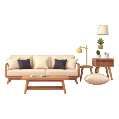 large open concept room with cream walls, wooden floor, cute decorative pillows, wooden furniture sticker