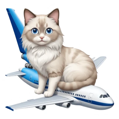 Cute ragdoll cat on an airplane. Should sit on top of the plane, cat is way bigger than airplane. Can you make the plane cooler like airbus a380 and the cat a bit happier? I liked the first and last pic out of these. Cat should be ragdoll with white and grey just like these sticker