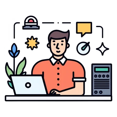 Middle IT Specialist with laptop and desktop, dual monitors, more advanced tools sticker