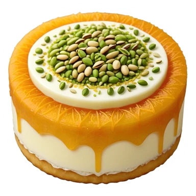 A small round emoji of traditional kanafeh with golden-orange crispy threads, a gooey white cheese center, and a light sprinkle of green pistachios. Warm and delicious-looking. sticker