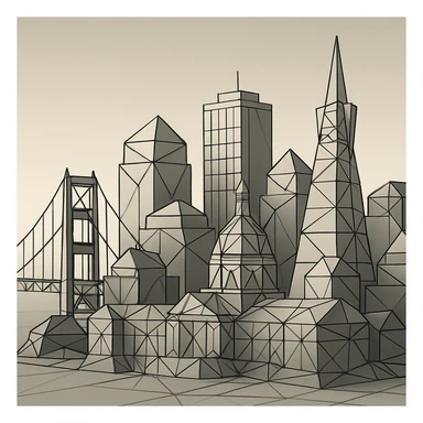 {
  "style_description": {
    "name": "Low Poly Wireframe",
    "overall_look": "Geometric abstraction with visible polygonal mesh edges and a minimal, digital aesthetic",
    "geometry": {
      "shape_type": "triangles and quadrilaterals forming faceted surfaces",
      "structure": "low-resolution polygon meshes with flat faces",
      "edge_visibility": "clear, sharp wireframe outlines around each polygon",
      "dimensionality": "3D-like forms created through flat shading and edge contours"
    },
    "linework": {
      "type": "thin or semi-bold outlines tracing all edges of the mesh",
      "style": "uniform or slightly stylized (e.g., dotted or glowing lines)",
      "color": "typically black, dark gray, or color-matched for contrast"
    },
    "color": {
      "application": "solid flat colors per polygon, without gradients",
      "palette_type": "limited, often monochromatic or with tonal variation per face",
      "highlighting": "minimal shading to emphasize surface depth without realism"
    },
    "lighting": {
      "approach": "ambient or directional lighting used sparingly to add dimension",
      "avoid": ["soft shadows", "complex reflections", "photorealism"]
    },
    "background": {
      "style": "plain or gradient backdrop to contrast mesh clarity",
      "consistency": "flat and neutral to preserve focus on wireframe structure"
    },
    "render_constraints": {
      "avoid": ["smooth surfaces", "rounded curves", "realistic textures"],
      "focus_on": ["polygon edges", "angular forms", "mesh clarity"]
    },
    "subject_treatment": {
      "representation": "simplified, stylized forms with clear geometry",
      "emphasis": "structure, volume through form and edge"
    }
  }
}

{subject} = san francisco sticker