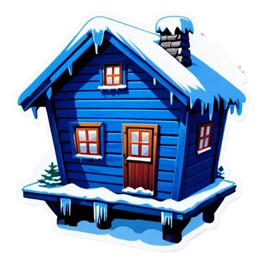 Blue wooden big hut, in winter sticker