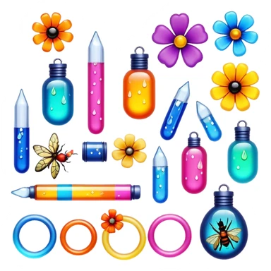 Create an icon that represents decorative arts using epoxy resin. The design should feature colorful tubes of resin, including fluorescent resin tubes, with visible drops or strokes of resin being applied to create intricate designs. Include finished resin jewelry pieces, such as pendants or rings, containing preserved flowers and insects encased in clear resin. The composition should feel vibrant, artistic, and delicate, showcasing the unique beauty of resin art with natural elements. The background should be transparent sticker