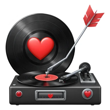 A black vinyl record with a red heart with and arrow through it on it on a record player  sticker