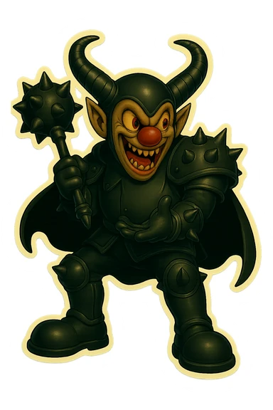 A menacing armored clown with ram horns, glossy black on matte black armor, short cape, large but not comically oversized black clown shoes, oversized spiked mace held loosely at his side, body language and posture casual and relaxed, not ready to attack. Spikes on knee, elbow, and shoulder armor. Glowing gold-red eyes, mouth open as if talking, gesturing with one hand, vibrant retro stickers style, no yellow aged tint, full body, transparent background. sticker