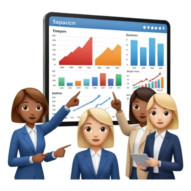 group of people pointing at a digital presentation screnn full of charts and graphs sticker