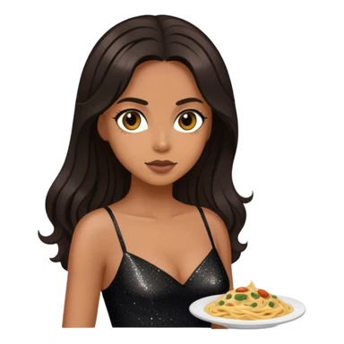 Beautiful woman in 1950’s woman fashion look, black shimmery dress, long dark brown hair, Carbonara sticker