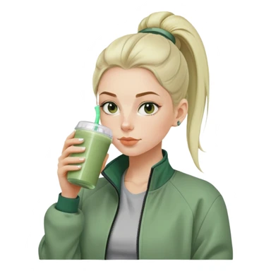 Swedish girl with sage green jacket drinking pre workout shake middle part slick back bun sticker