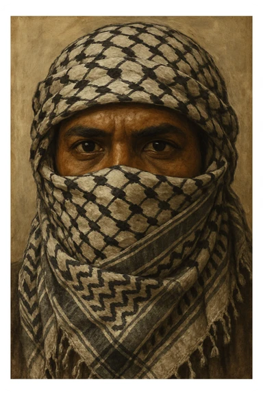 A brown man, only eyes showing, face wrapped in a Palestinian scarf (keffiyeh), traditional Palestinian style sticker