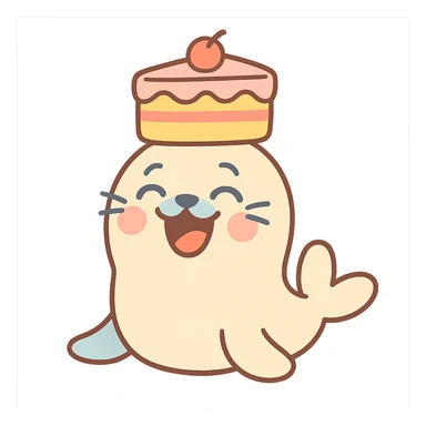 cutie baby seal balancing cake on head with laughing face in pastel-toon style sticker