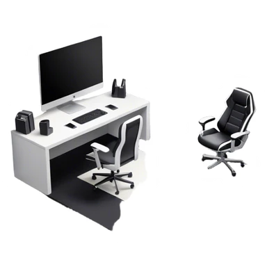 An isometric 3D room with two walls that meet at the back left and right. The floor is made of gray wood. The room is decorated in a modern black and white style. In front of the window is a wide desk with a large monitor and an open laptop, with a black gaming chair next to it. sticker
