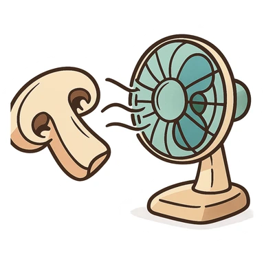 a cartoon style illustration of a sliced mushroom in front of a blowing fan with air movement lines sticker