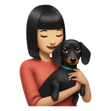 Asian woman with black neat bangs hugging black dachshund sticker