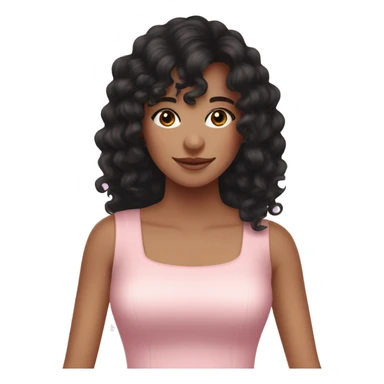 Fair skinned woman with long black curly hair and bangs and dark brown eyes, wearing a pastel pink dress sticker