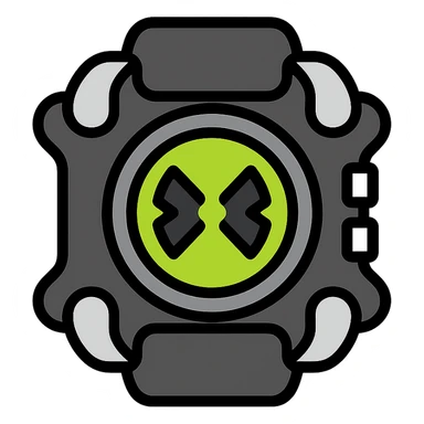 high-tech alien wrist device designed like a futuristic watch, main body black with metallic silver details, glowing neon green circular screen at center displaying unique alien symbol resembling double-headed arrow or X-shape, screen lights up when activated, otherworldly sci-fi feel, durable and advanced, space lab, modern color icon style sticker