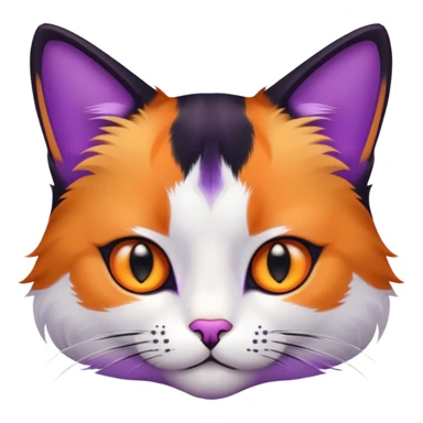 Cat tricolor with a black spot in her face and a violet collar sticker