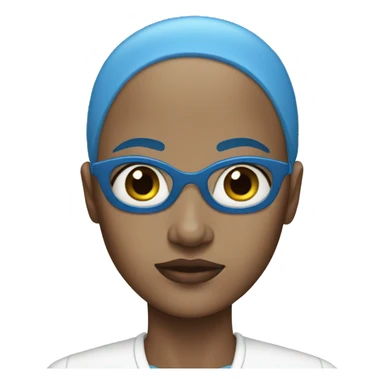 bald woman with a blue skin sticker