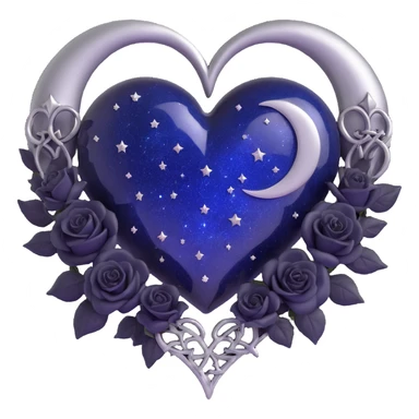 gothic heart, midnight blue glass texture, silver crescent moon, tiny black roses, mysterious and rich style, starry sparkle effect sticker