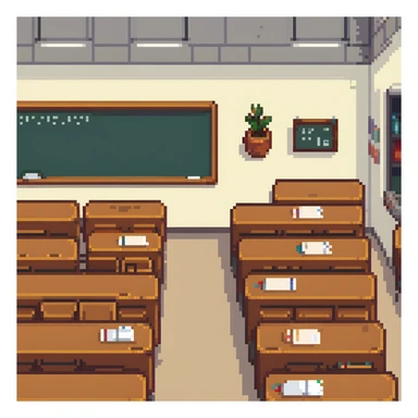 classroom scene with many students and a teacher in pixel art style sticker