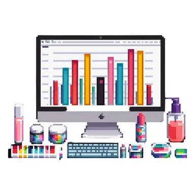 iMac computer with colorful bar charts and beauty products like lipstick, nail polish, cream jars on the screen sticker