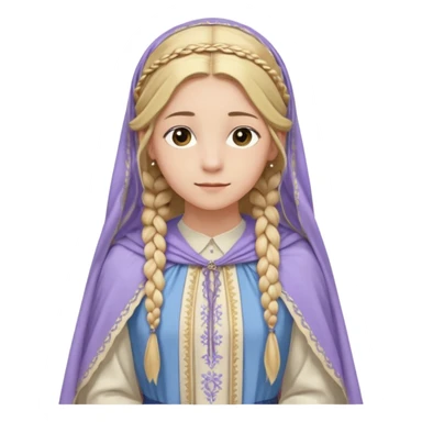 Joven de unos 20 años, de aspecto dulce y elegante.
Piel clara, ojosy expresivos, sonrisa triste.
Rubio o castaño claro, largo, con trenzas o velo.
-Vestido largo de tonos suaves (blanco, azul o lavanda), con bordados dorados; un manto o toca fina cubriendo la cabeza. de cuerpo entero  sticker