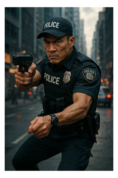 hardcore Asian police officer, tough expression, modern police uniform, action pose, detailed, dynamic, urban background, cinematic lighting sticker
