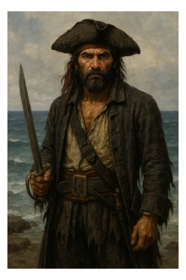 serious Caribbean pirate holding a sword, wearing tattered pirate clothes, background of the sea sticker