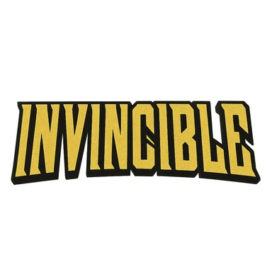 the word 'Invincible' in bold, comic book style, inspired by the Invincible TV show title card, dramatic yellow color with black outline, no background sticker