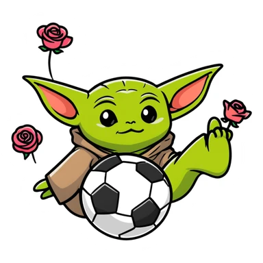 baby yoda kicking a soccer ball with small roses beside him sticker