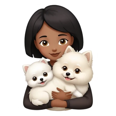 A black short-haired girl happily hugs a white Pomeranian sticker