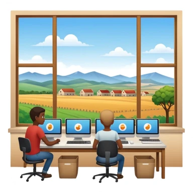Employees of a startup company working on their computers while looking out the window at the rural landscape.w sticker