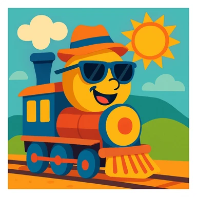 a train on vacation, wearing sunglasses and a hat, cheerful style, vibrant toon, playful and bright colors sticker