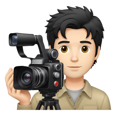 a white man with black messy hair holding a foto camera sticker