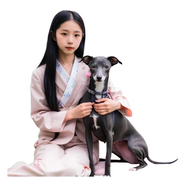A young Chinese girl with long black hair and a dark grey Italian Greyhound with absolutely no white marks on its body or nose sitting under a cherry blossom tree sticker