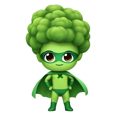 kawaii cute mini superhero with green clothes and a broccolis as hair,  full body saying hello sticker
