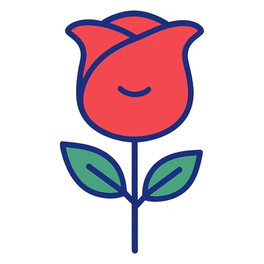 a single rose in flat icon style, bold outline, red and green, minimal details sticker
