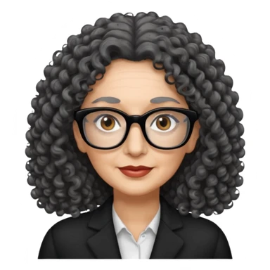 femme 60 ans cheveux gris foncé très bouclé longs et yeux marrons foncé,  lunettes rectangle noir sticker