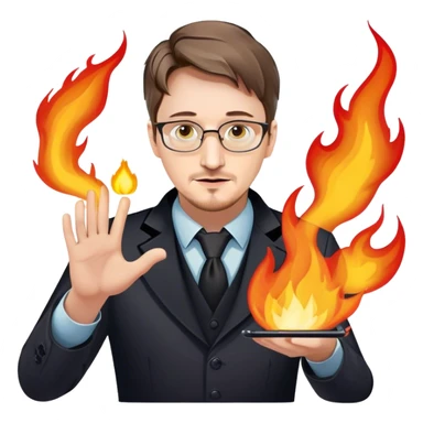 Edward Snowden as a magician revealing a gaming conroller surrounded by flames sticker