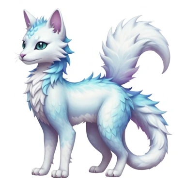 Kawaii white pastel iridescent beautiful pretty elegant divine edgy fantasy feline-vernid-sergal-fursona animal creature with a tufted tail full body with intricate markings  sticker