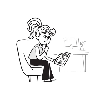 A thoughtful blonde physical therapist with finger on chin, wearing scrubs, looking contemplative while analyzing patient data sticker