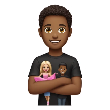 smiling boy in black shirt holding Barbie  sticker